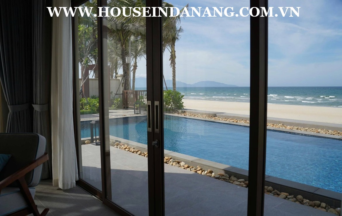 There are five modern bedrooms (Four bedrooms with luxury ensuite bathrooms) in Danang luxury villa rental. As the pictures, all bedrooms have the spectacular decoration with the modern color and full high end furniture. Besides, these bedroom seems to be quite airy with large windows towards the beach or the garden. Especially, big master bedrooms on the second floor even own theirs common rooms where have perfect sofas and you can easily admire the spectacular beauty of the beach from big windows as well. In addition, bedroom on upper floors also connect to front balconies where you can come out and getting the ocean view and the fresh air in the early morning. Moreover, there have been already full of Queen beds with soft mattresses, central air-conditioner systems, big wardrobes, and working table in bedrooms as well. For one more outstanding feature of the master bedroom is that it has a big modern bathroom which only follows in a big villa in Fusion resort and villas, high- end quality, near the beach