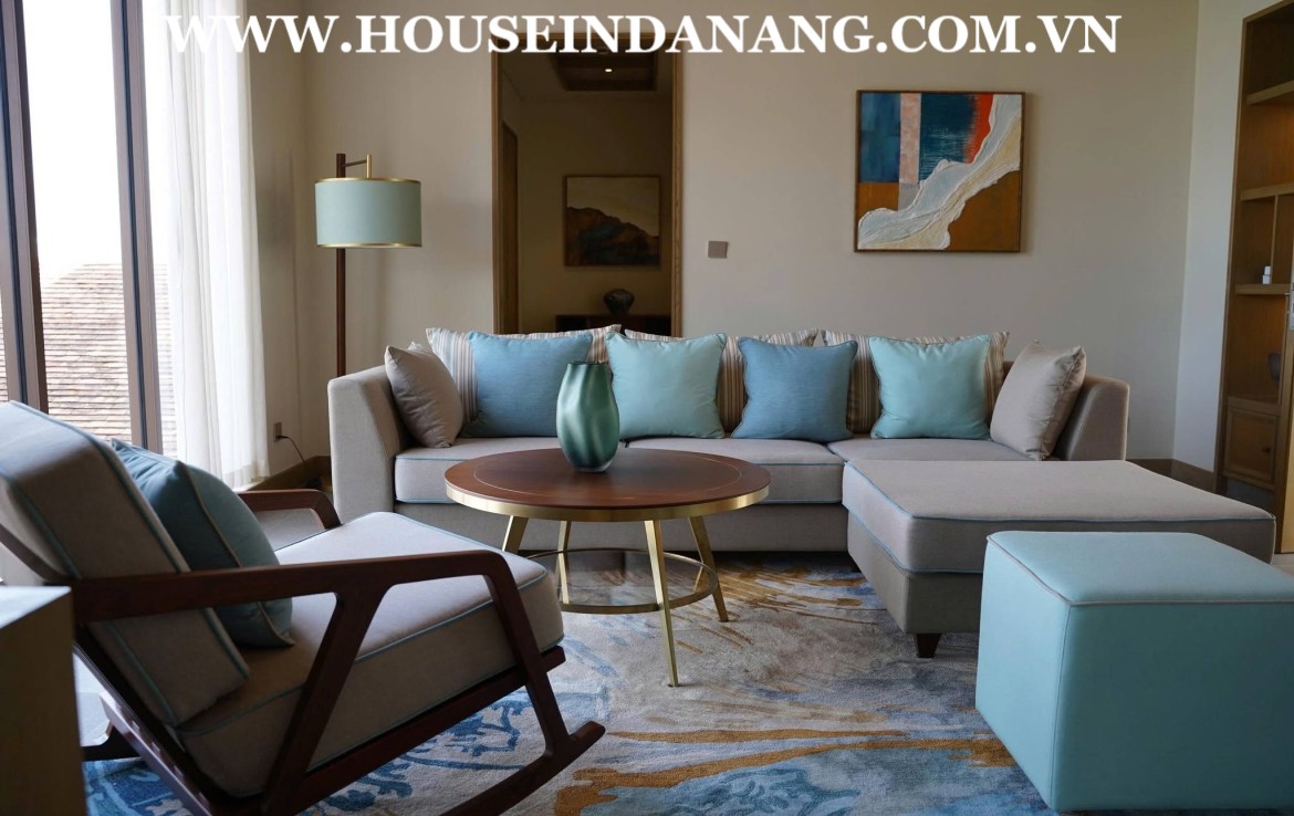 There are five modern bedrooms (Four bedrooms with luxury ensuite bathrooms) in Danang luxury villa rental. As the pictures, all bedrooms have the spectacular decoration with the modern color and full high end furniture. Besides, these bedroom seems to be quite airy with large windows towards the beach or the garden. Especially, big master bedrooms on the second floor even own theirs common rooms where have perfect sofas and you can easily admire the spectacular beauty of the beach from big windows as well. In addition, bedroom on upper floors also connect to front balconies where you can come out and getting the ocean view and the fresh air in the early morning. Moreover, there have been already full of Queen beds with soft mattresses, central air-conditioner systems, big wardrobes, and working table in bedrooms as well. For one more outstanding feature of the master bedroom is that it has a big modern bathroom which only follows in a big villa in Fusion resort and villas, high- end quality, near the beach