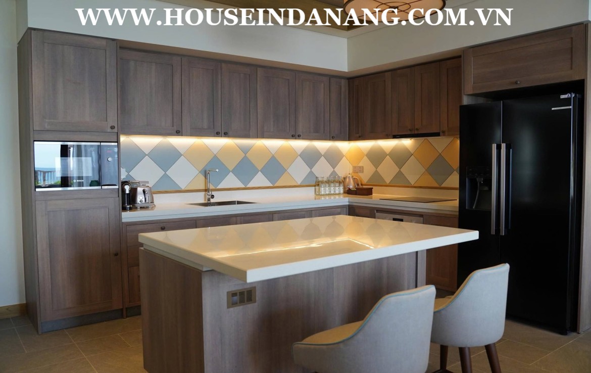 There are five modern bedrooms (Four bedrooms with luxury ensuite bathrooms) in Danang luxury villa rental. As the pictures, all bedrooms have the spectacular decoration with the modern color and full high end furniture. Besides, these bedroom seems to be quite airy with large windows towards the beach or the garden. Especially, big master bedrooms on the second floor even own theirs common rooms where have perfect sofas and you can easily admire the spectacular beauty of the beach from big windows as well. In addition, bedroom on upper floors also connect to front balconies where you can come out and getting the ocean view and the fresh air in the early morning. Moreover, there have been already full of Queen beds with soft mattresses, central air-conditioner systems, big wardrobes, and working table in bedrooms as well. For one more outstanding feature of the master bedroom is that it has a big modern bathroom which only follows in a big villa in Fusion resort and villas, high- end quality, Western design