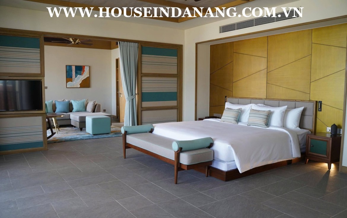 There are five modern bedrooms (Four bedrooms with luxury ensuite bathrooms) in Danang luxury villa rental. As the pictures, all bedrooms have the spectacular decoration with the modern color and full high end furniture. Besides, these bedroom seems to be quite airy with large windows towards the beach or the garden. Especially, big master bedrooms on the second floor even own theirs common rooms where have perfect sofas and you can easily admire the spectacular beauty of the beach from big windows as well. In addition, bedroom on upper floors also connect to front balconies where you can come out and getting the ocean view and the fresh air in the early morning. Moreover, there have been already full of Queen beds with soft mattresses, central air-conditioner systems, big wardrobes, and working table in bedrooms as well. For one more outstanding feature of the master bedroom is that it has a big modern bathroom which only follows in a big villa in Fusion resort and villas, high- end quality