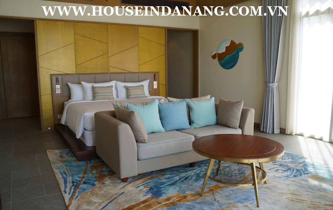 There are five modern bedrooms (Four bedrooms with luxury ensuite bathrooms) in Danang luxury villa rental. As the pictures, all bedrooms have the spectacular decoration with the modern color and full high end furniture. Besides, these bedroom seems to be quite airy with large windows towards the beach or the garden. Especially, big master bedrooms on the second floor even own theirs common rooms where have perfect sofas and you can easily admire the spectacular beauty of the beach from big windows as well. In addition, bedroom on upper floors also connect to front balconies where you can come out and getting the ocean view and the fresh air in the early morning. Moreover, there have been already full of Queen beds with soft mattresses, central air-conditioner systems, big wardrobes, and working table in bedrooms as well. For one more outstanding feature of the master bedroom is that it has a big modern bathroom which only follows in a big villa in Fusion resort and villas, high- end quality 2